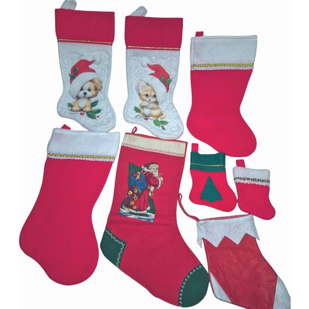 Set Of 7 Vintage Christmas Stockings Various Santa Dog Cat Tree Motifs